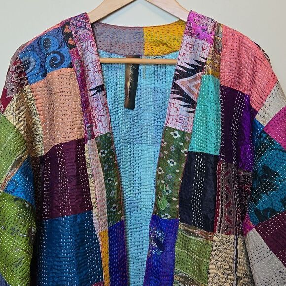 Aratta Silent Journey Patchwork Audrey Silk Kimono Cotragecore Festival Artisan - Picture 2 of 16
